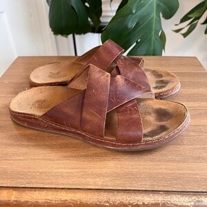 Chaco Brown Leather Slide Sandals Size 8 Strappy Comfort Footbed Rustic